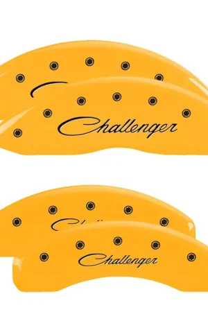 Fan Favorite MGP Brake Caliper Covers with Cursive Challenger Logo; Yellow; Front and Rear