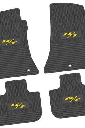Hassle-Free Returns Factory Floorpan Fit Custom Vintage Scene Front and Rear Floor Mats with Yellow 2015 R/T Insert; Black