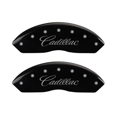MGP 4 Caliper Covers Engraved Front & Rear Cursive/Cadillac Black finish silver ch - 35010SCADBK Express Delivery