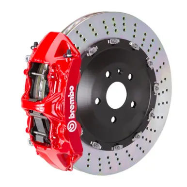 Bargain Brembo 15-23 Mustang GT (S550) Front GT BBK 6 Piston Cast 405x34 2pc Rotor Drilled-Red - 1N1.9542A2