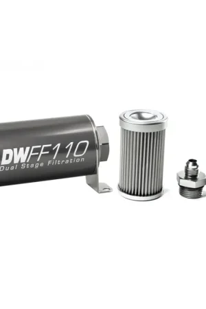 Buy Today DeatschWerks Stainless Steel 6AN 10 Micron Universal Inline Fuel Filter Housing Kit (110mm)